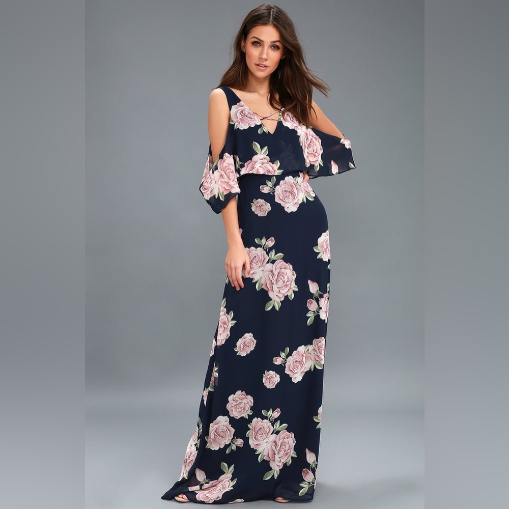 Lulu's Navy Blue Floral Print Maxi Dress Size Small